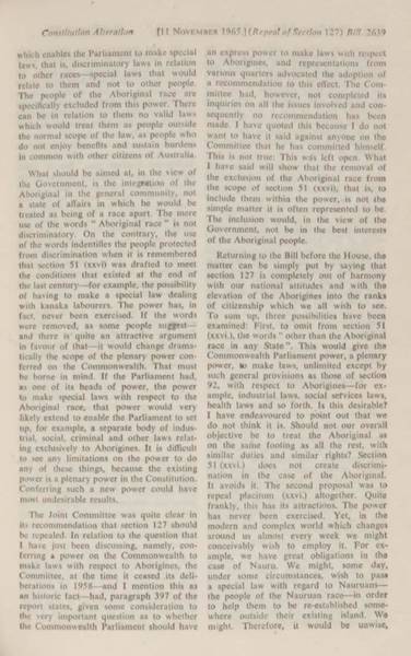 Page 5 of 6 Parliamentary debates, Constitution Alteration Bill (Parliament) 1965 and Constitution Alteration Bill (Repeal of Section 127) Bill 1965. Robert Menzies, Second Reading speech, House of Representatives, 11 November 1965.